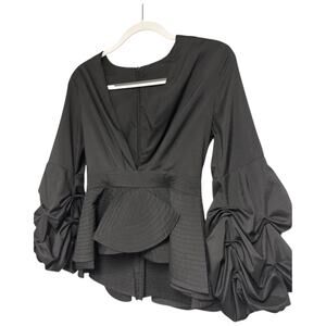 NWOT Sipaiya DRAMATIC Black Puff Sleeve Deep V Tiered Peplum Blouse Size XS